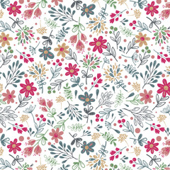 Vintage seamless floral pattern. Liberty style background of small pastel colorful flowers. Small flowers scattered over a white background. Stock vector for printing on surfaces. Abstract flowers.