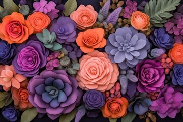 Fototapeta premium Vibrant paper flowers and succulents. A colorful arrangement of meticulously crafted paper flowers and succulents in various shades of pink, orange, purple, and blue, on a dark background.