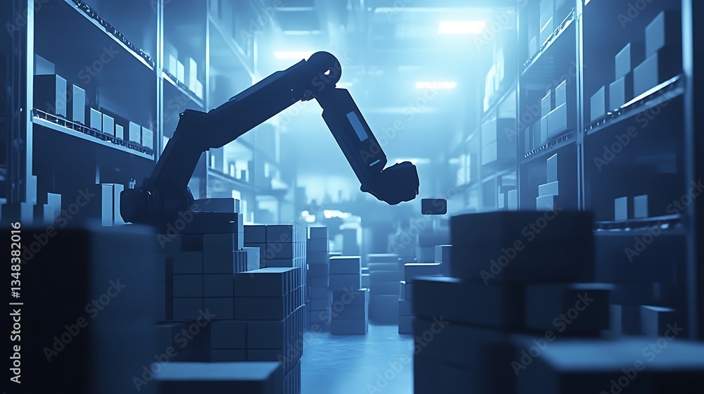Poster automated warehouse: robotic arm sorting packages