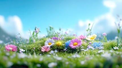 Fototapeta premium Colorful wildflowers bloom in a vibrant meadow under a clear blue sky. Lush green grass covers the hillside