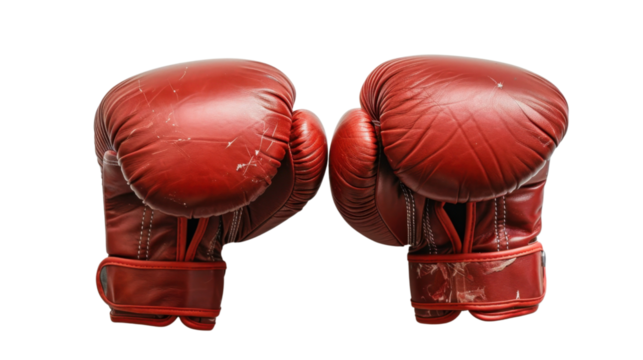 Pair of worn red boxing gloves facing each other on transparent background