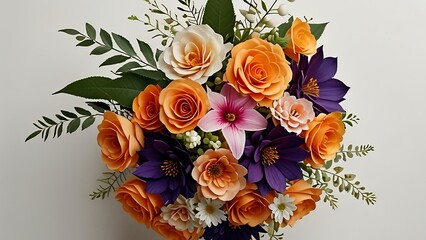 Vibrant Orange and Purple Floral Bouquet:  Roses, Dahlias, and More