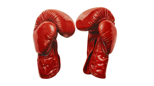 Pair of red boxing gloves facing each other on transparent background