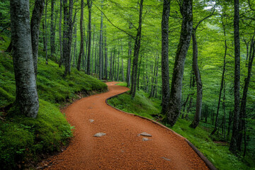 There is a path in the middle of a forest with lots of trees