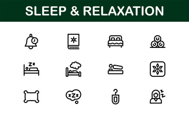 Modern Sleep and Relaxation Icon Set Vector Illustration. Featuring Essential Symbols for Rest, Calm, and Comfort