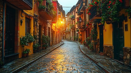 Fototapeta premium Quiet streets of Pamplona early in the morning with its historical buildings and winding roads captured with a prime lens
