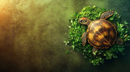 Sea Turtle Resting on Lush Greenery Background Represents Marine Conservation