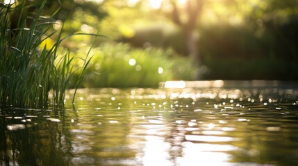Fototapeta premium Tranquil river reflecting soft sunlight, a serene natural moment. Minimalism in nature's simplicity and calm.