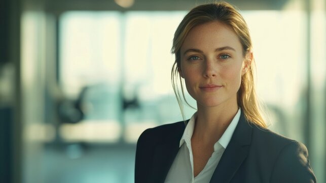 Confident young businesswoman in a modern office, embodying professionalism and focus.