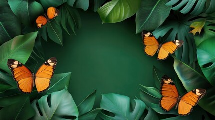 Orange Butterflies Among Lush Green Tropical Leaves with Copy Space