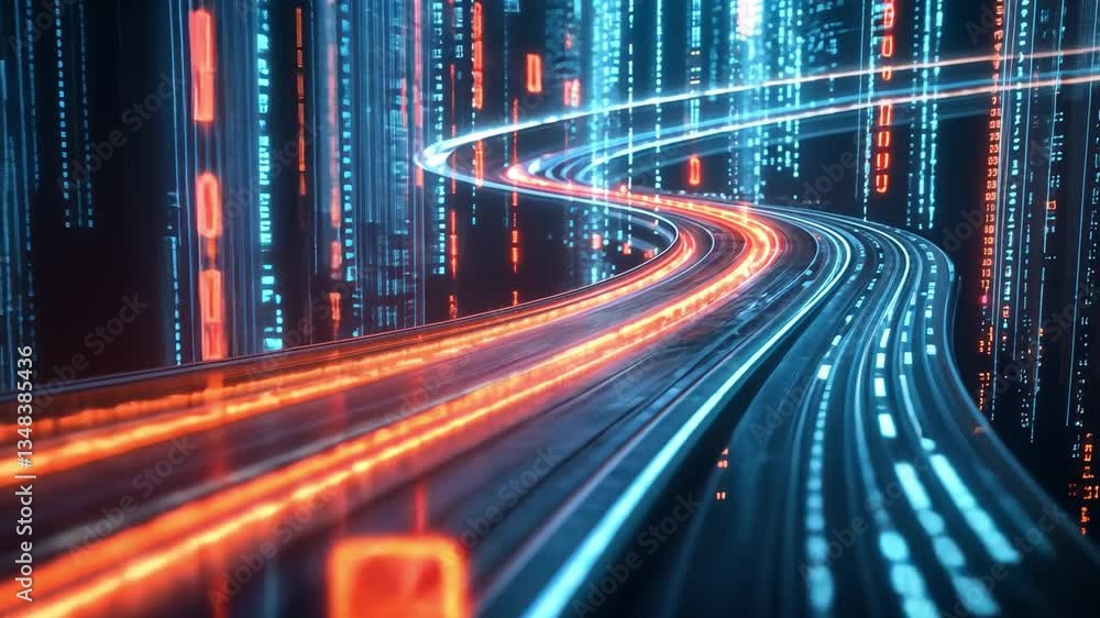 Poster digital data highway: an abstract, futuristic depiction of a data stream coursing along a glowing hi