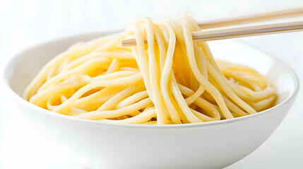 Closeup Of Cooked Noodles In White Bowl With Chopsticks