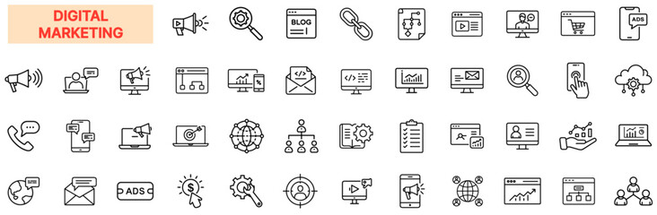 Fototapeta premium Digital Marketing Icon Set – SEO, PPC, Social Media Ads, Content Marketing, Email Campaigns, Affiliate Marketing, Web Analytics, E-Commerce, Online Advertising