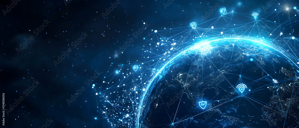 Wall mural a digital globe with a global network and security icon on a black background.