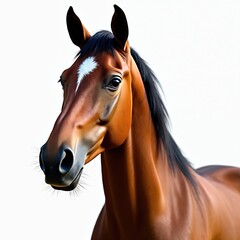Obraz premium Portrait brown horse head isolated white background. Elegant equine animal with black mane, white stripe. Beautiful mammal, closeup view. Equestrian theme, nature, wildlife, farm.