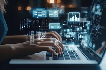 Woman working on laptop with digital data overlay