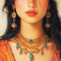 Vibrant woman adorned in breathtaking jewelry against a soft, warm backdrop that captures a moment of elegance and beauty
