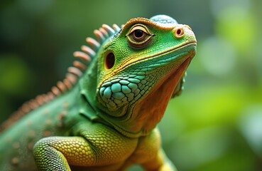 Obraz premium Close-up portrait vibrant green iguana in natural habitat. Reptile with detailed skin texture. Exotic animal wildlife macro photo. Tropical creature, eye in focus, bokeh background, bright, sunny day.