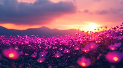 Vibrant Purple Flowers at Sunset in a Mountain Landscape Stunning Nature Scene