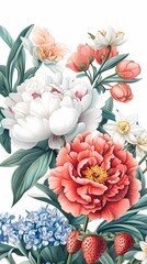 Retro flower and strawberry plant illustration poster background