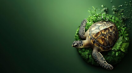 Turtle Resting on Moss and Plants Symbolizing Nature and Conservation