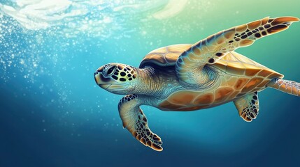Fototapeta premium Sea Turtle Swimming Underwater with Sunlit Water Bubbles Art Illustration
