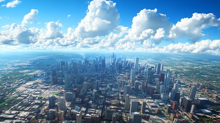 Aerial View of City Skyline with Dramatic Clouds Under Blue Sky
