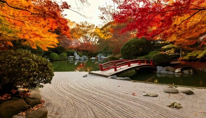 A peaceful Japanese zen garden with a meticulously raked sand pattern