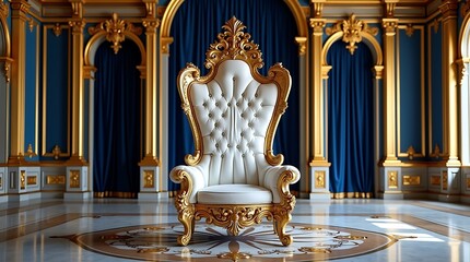 A luxurious baroque throne with an elegantly curved frame, hand-carved with floral motifs and gilded gold detailing.