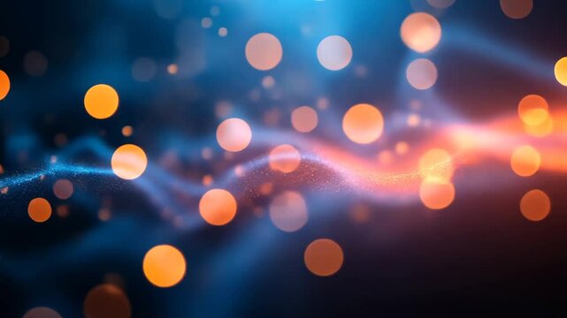 Abstract Orange And Blue Bokeh Light Particle Stream On Blurred Dark Background Illustrating Energy Movement