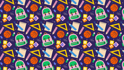 school supplies seamless pattern back to school cover, jn the isolated background, wallpaper, decorative  ornament for fabric, clothing, wrapping paper, packaging, textile, vector