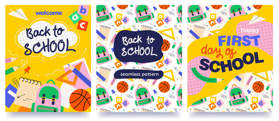 back to school card set with seamless pattern, autumn eve cover, background, banner, poster, flyer, ads, book cover, vector illustration © Natalya