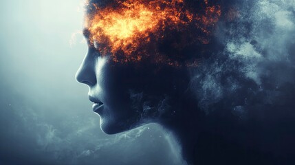 Woman Profile Silhouette with Fire and Smoke Artistic Representation Concept