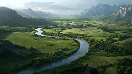 Fototapeta premium Aerial View Of Lush Green Valley With Winding River And Mountain Range Under Sunlight