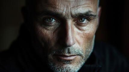 Fototapeta premium Intense Close-Up of a Mature Man with Piercing Eyes in Low Light