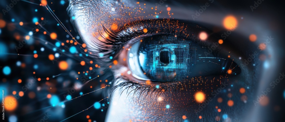Poster closeup of human eye with digital circuit pattern and glowing particles, concept of artificial intel
