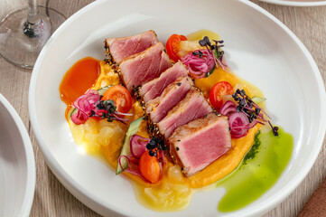 vegetable puree with tuna and sauce