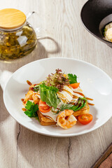 sandwich with poached egg, shrimp and greens