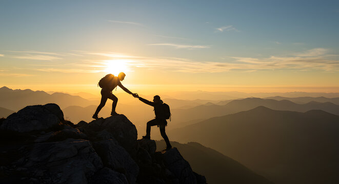 Silhouette of Hikers Assisting Each Other at Golden Hour Mountaintop