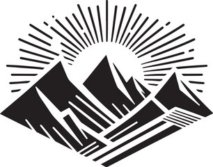 Sunbeams through mountain peaks silhouette vector. Majestic landscape with radiant light rays, perfect for nature, adventure, and sunrise designs. Isolated EPS format.