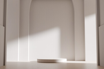 Empty podium in minimalist room, soft shadows, arched backdrop, light beige walls, clean display, modern design, product placement space, simple setting, 3d rendering