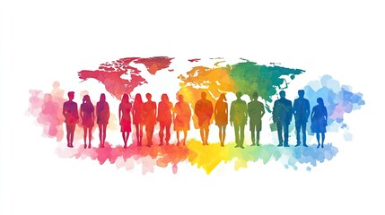 Obraz premium Silhouettes of Diverse People Standing on Colorful World Map Illustration