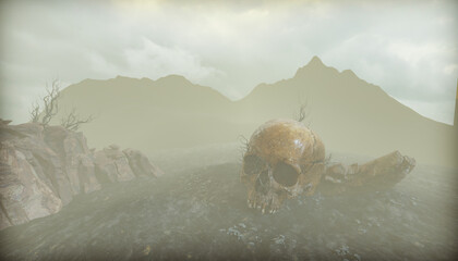 Post-apocalyptic landscape with human skull, ruined ground, dry trees, distant mountains, fog,...