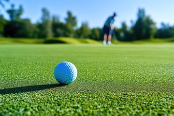 Golf ball on a green fairway.  A golfer is in the background