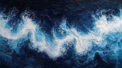 Ocean waves as seen from above, contrasting shades of deep blue and white foam 