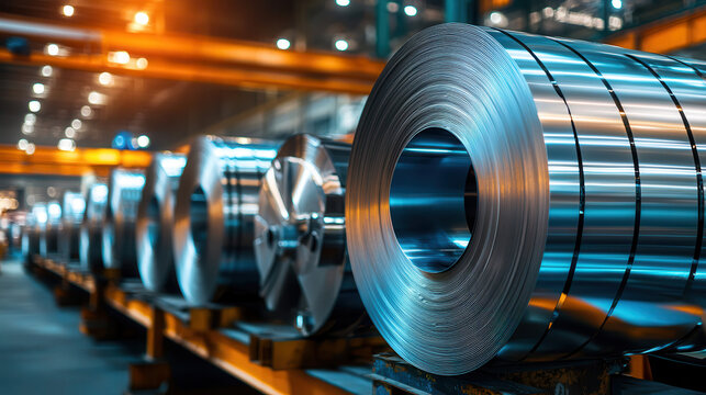cinematic shot of steel coils stacked in industrial warehouse, reflecting light and showcasing modern manufacturing process