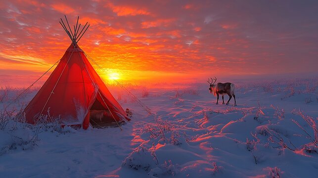 Majestic beauty of the Arctic tundra at sunrise with a Smi herders lvvu tent set up in the distance and reindeer grazing nearby captured with a prime lens