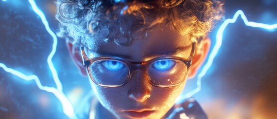 Naklejka premium Intense closeup portrait of a young Caucasian boy with glowing blue eyes and glasses, surrounded by electric lightning Concept of superpower, energy, and science fiction