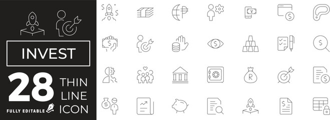 Invest Icon set of web and mobile in thin line style. business Invest Icons & Symbols Containing payments, financial report, pay, banking, business and more