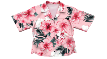 Pink hawaiian shirt with hibiscus flowers on transparent background